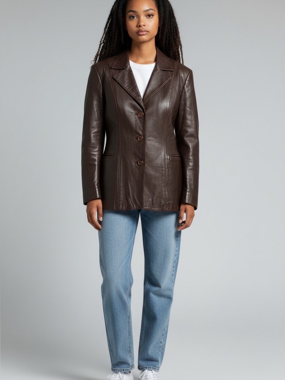 Simard - Women's Dark Brown Leather Blazer Jacket - Tailored Three-Button Coat